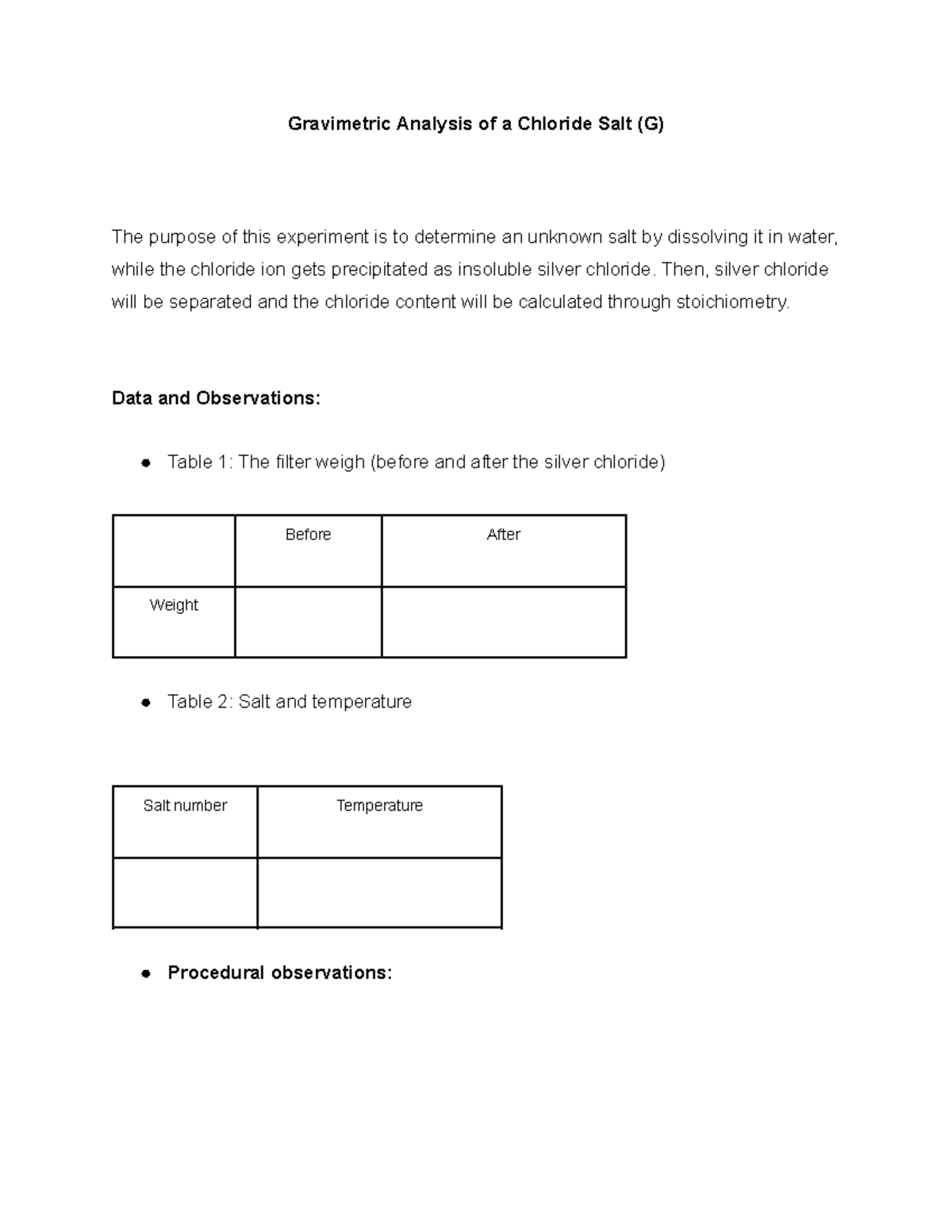Pre lab Gravimetric Analysis of a Chloride Salt (G) - Gravimetric ...