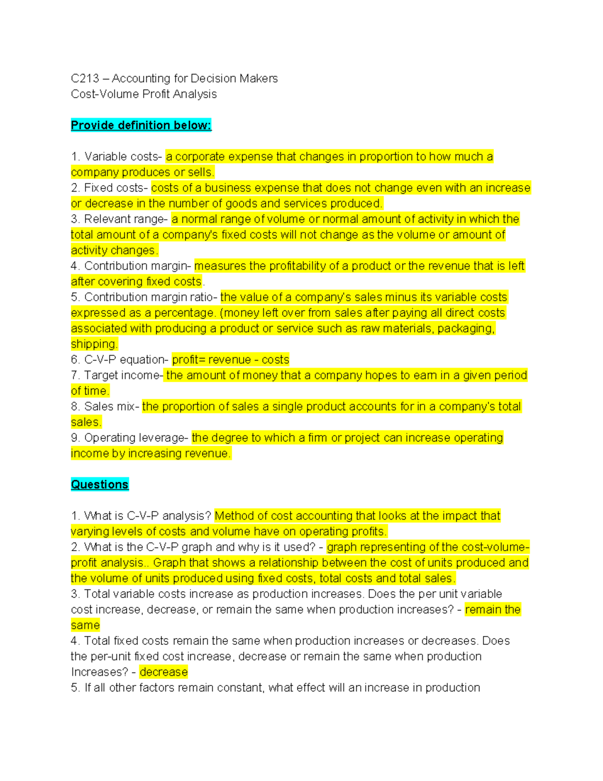C213 – Final Study Plan: Cost-Volume Profit Analysis & Cash Flows - Studocu