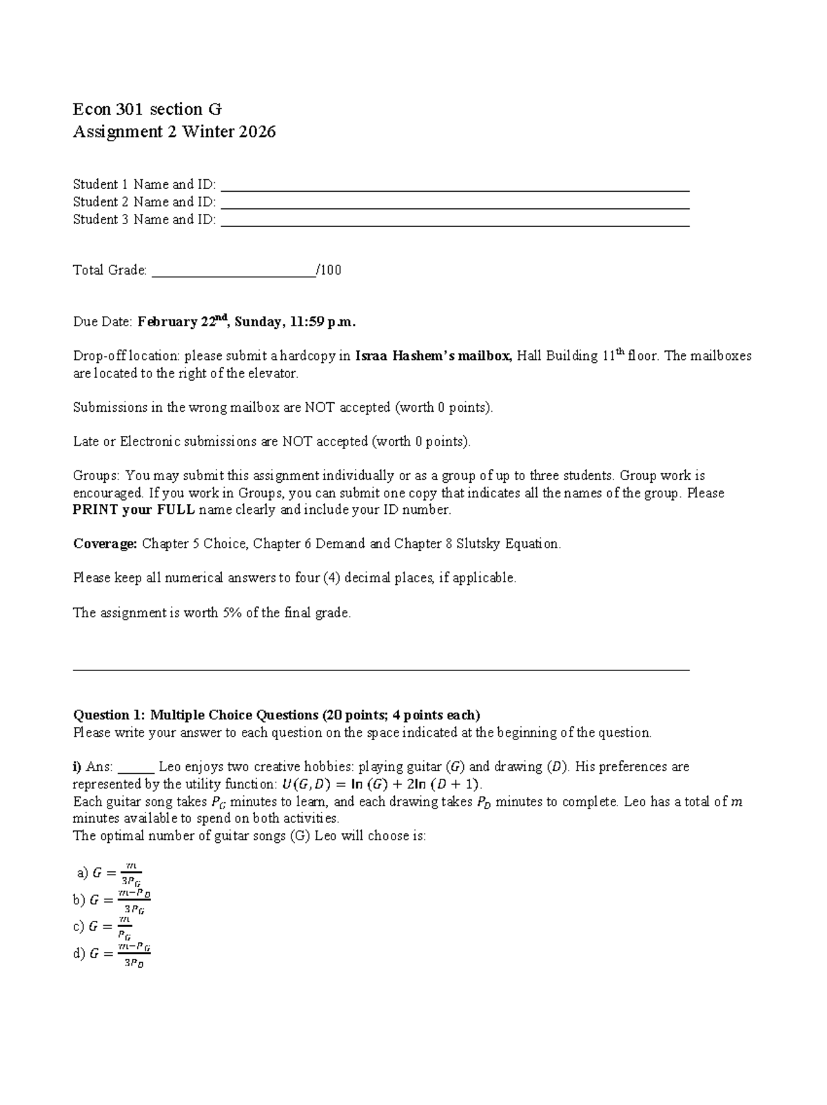 Econ 301 Section G Assignment 2: Utility and Demand Analysis - Studocu