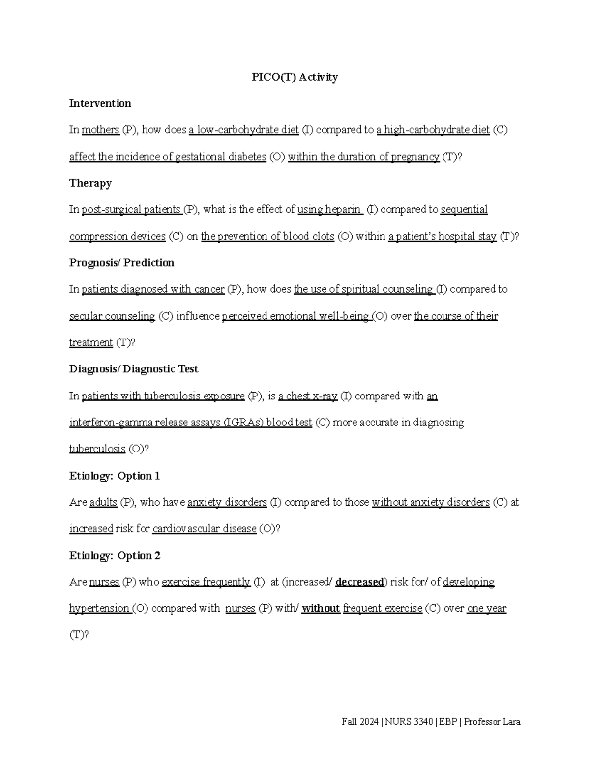 PICO(T) Activity Analysis for NURS 3340 EBP - Fall 2024 - Studocu