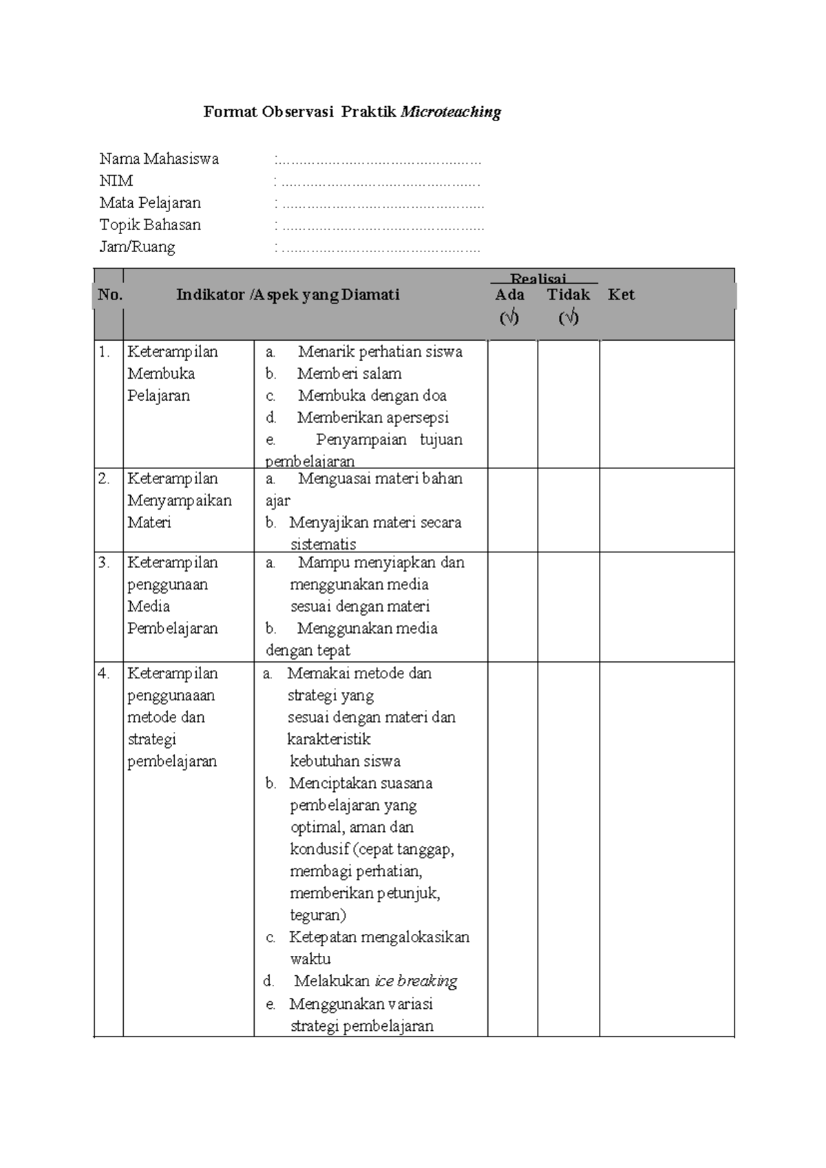 Format Observasi Praktik Microteaching: Indikator Keterampilan Mengajar ...