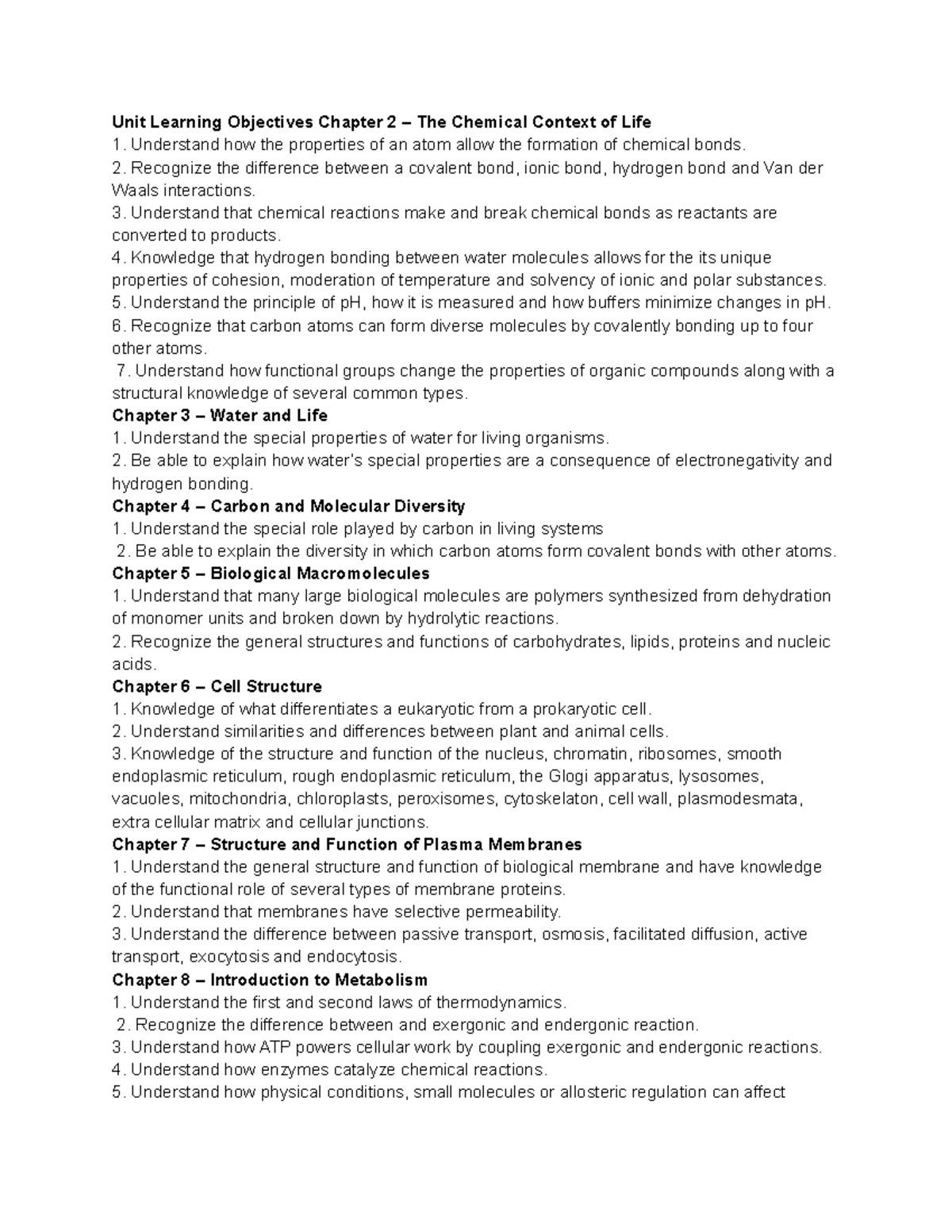 Bio Learning Objectives - Unit Learning Objectives Chapter 2 – The ...