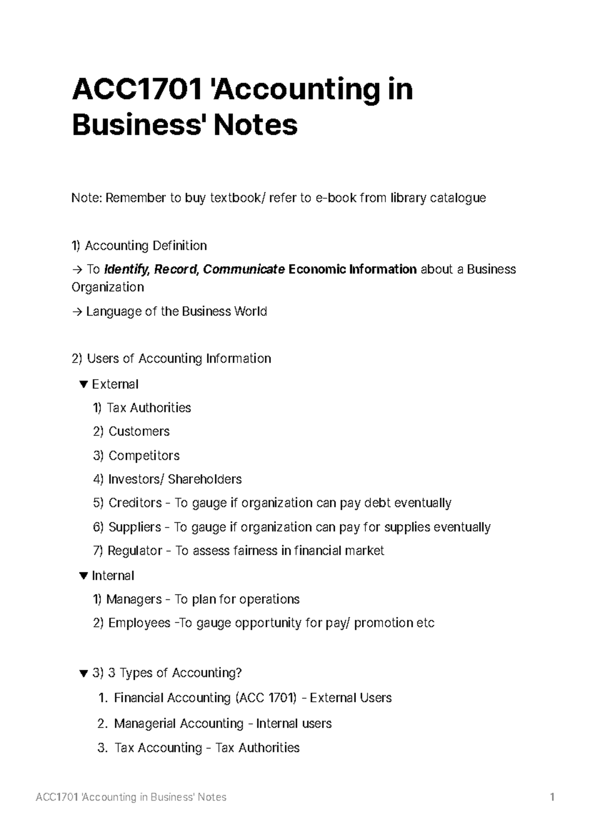 ACC1701 Accounting in Business Notes - ACC1701 'Accounting in Business ...