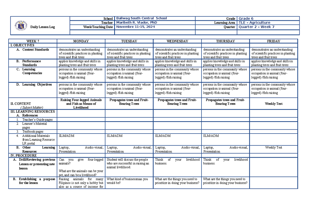 DLL TLE Agri Q2 W7 - Daily Lesson Log for Week 7 - Studocu