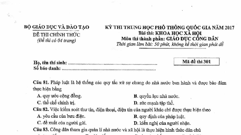 Đề Thi Chính Thức Môn GDCD 301 - Kỳ Thi Trung Học Phổ Thông Quốc Gia ...
