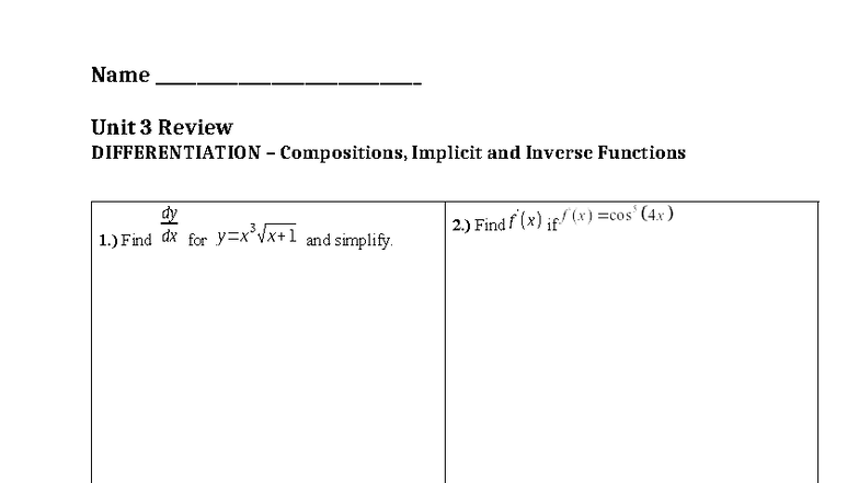 Unit 3 Review: Differentiation, Compositions & Functions (2019) - Studocu
