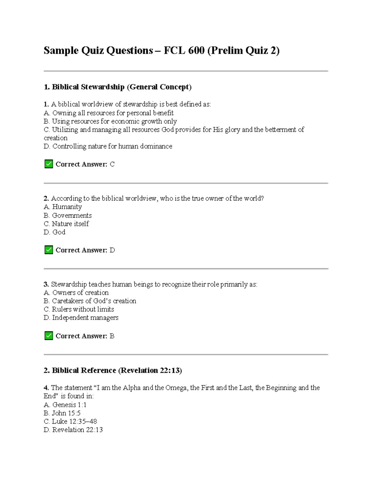 Sample Quiz Questions FCL 600 (Prelim Quiz 2) on Biblical Stewardship ...