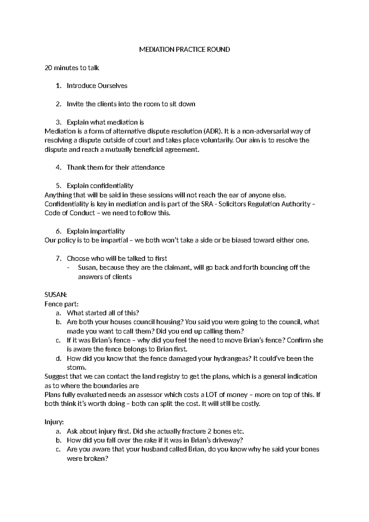 Mediation Practice Script: Key Steps & Client Interaction (MEDIATION 01 ...