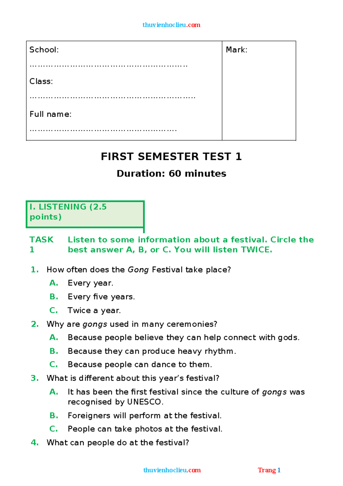 FIRST SEMESTER TEST 1 - Listening, Reading, Writing, and Language Focus ...