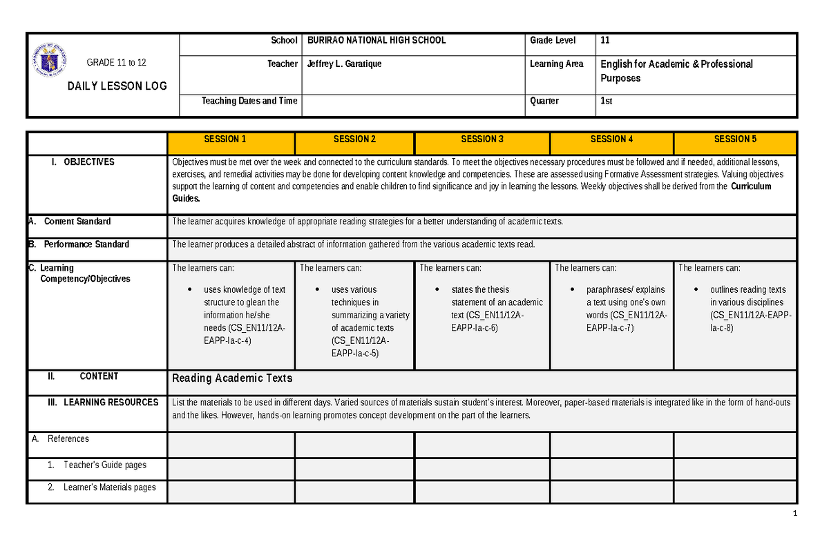 DLL#1-EAPP-11 - Daily Lesson Log for English Academic Purposes - Studocu