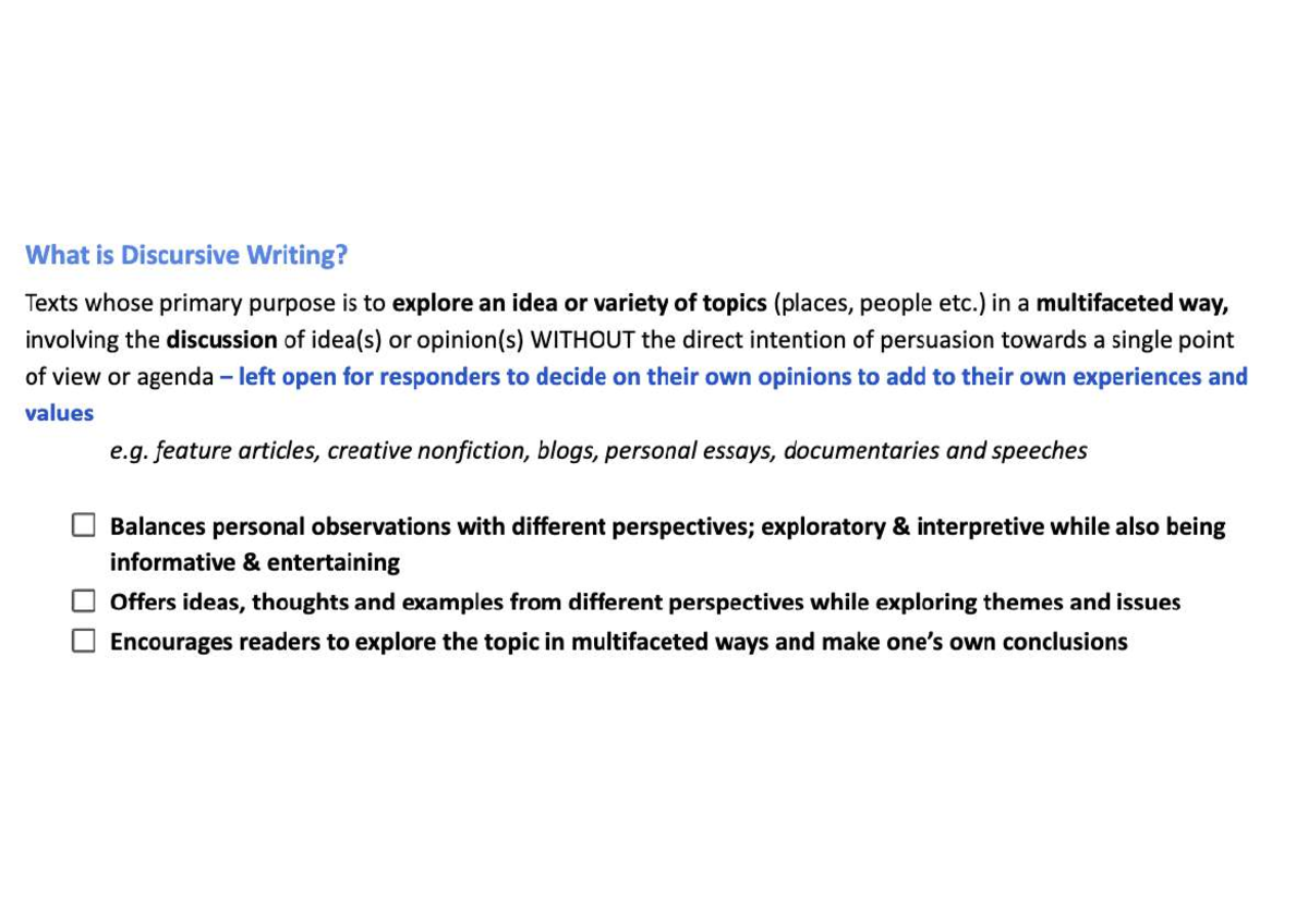 Discursive Writing Breakdown: Exploring Ideas and Perspectives - Studocu