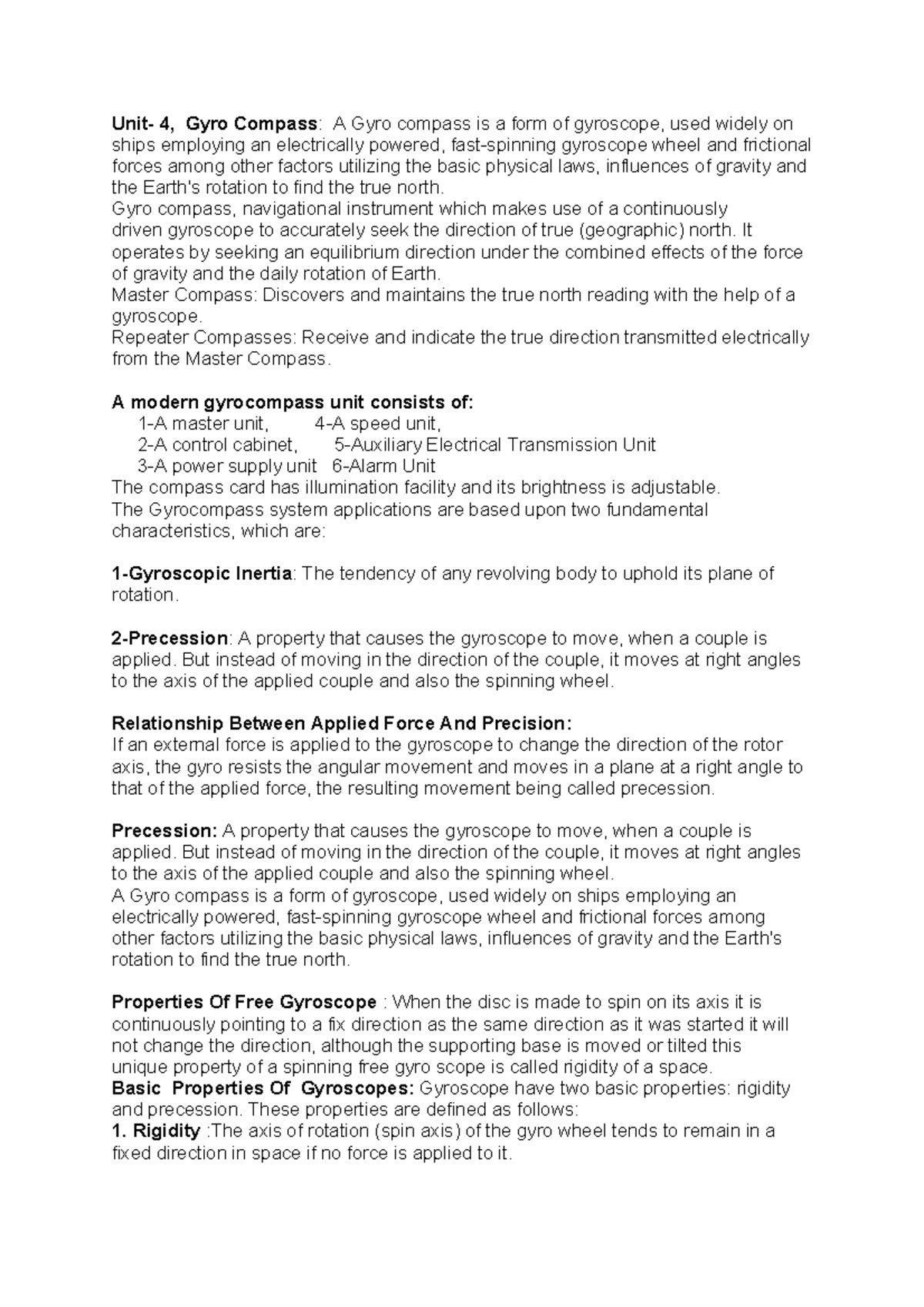 Notes on Gyro Compass - V (Unit 4) for Nautical Navigation - Studocu