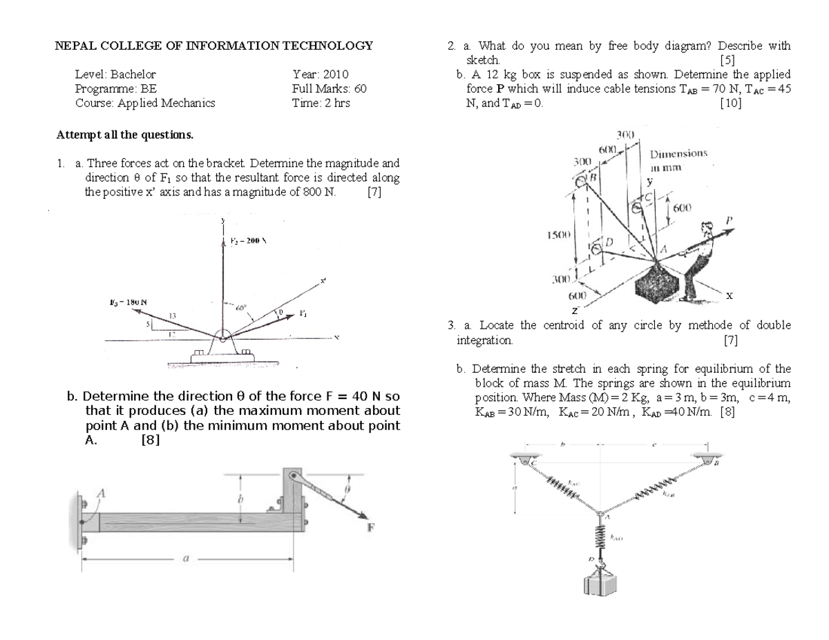 Applied Mechanics - BE 2010 Spring Exam Questions & Solutions - Studocu