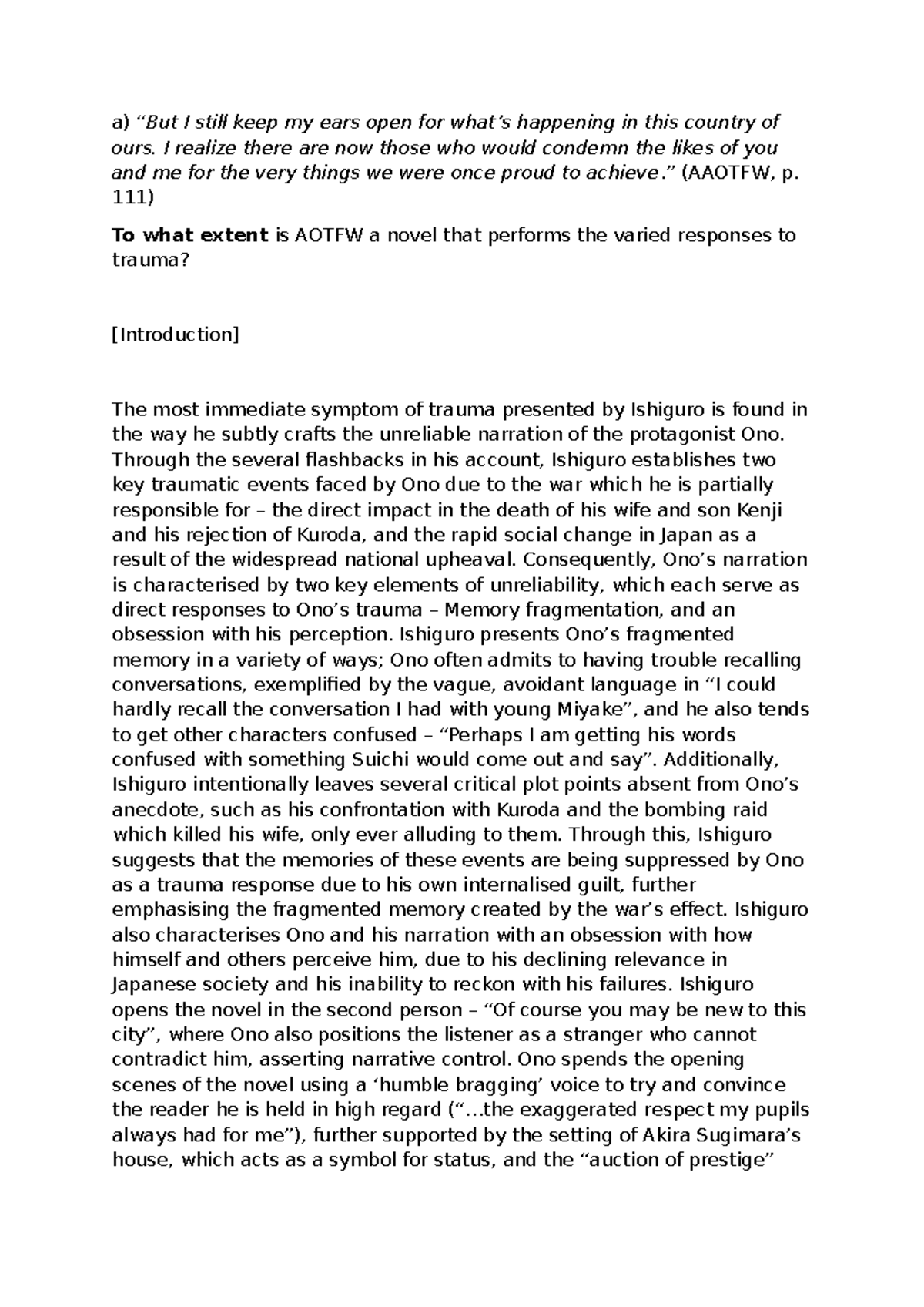 AAOTFW Draft Essay: Trauma Responses in Ishiguro's Narrative - Studocu