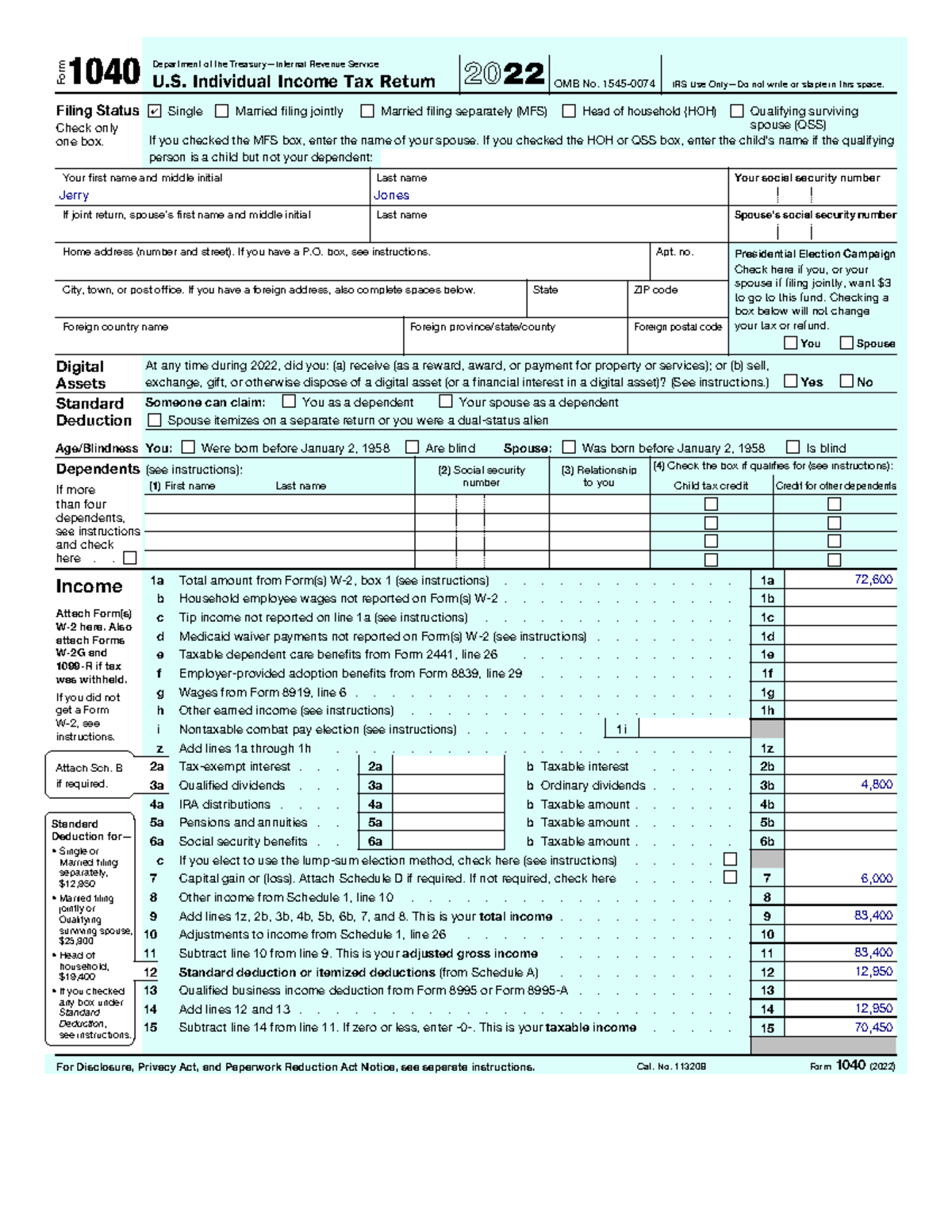 Taxes 3 - Form 1040 U. Individual Income Tax Return 2022 Department of ...