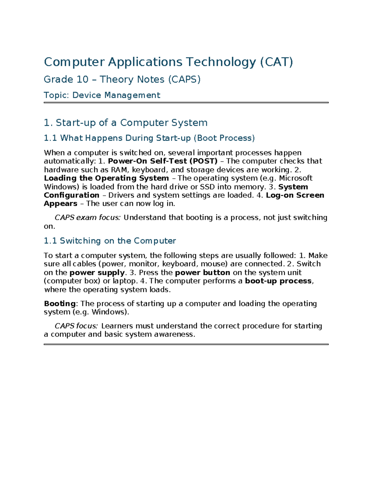 Computer Applications Technology (CAT) Grade 10 Device Management Notes ...
