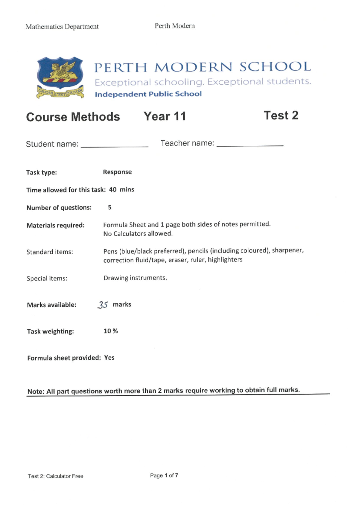 Year 11 Maths Methods Test 2 Solutions - 2022 (No Calculator) - Studocu