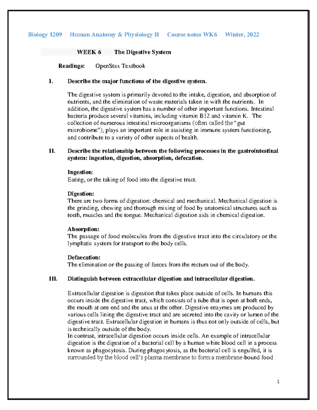 Biology 1209 Human Anatomy Physiology II WK6 Course Notes: The ...