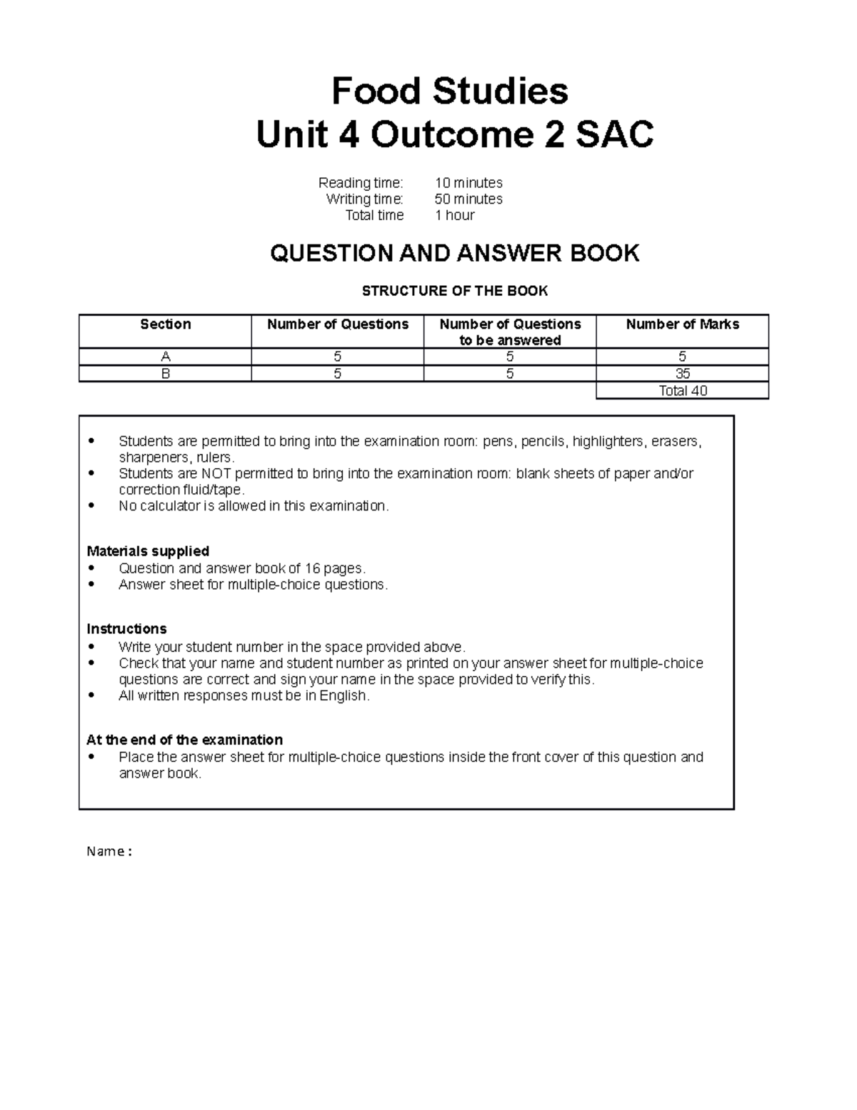 Unit 4 Outcome 1 SAC Practice Questions 2023 - Food Studies - Studocu
