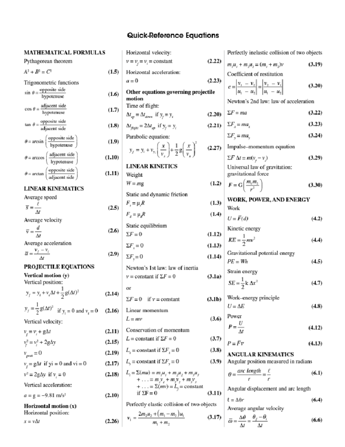 Equation Sheet - Summary Biomechanical Analysis of Human Movement ...