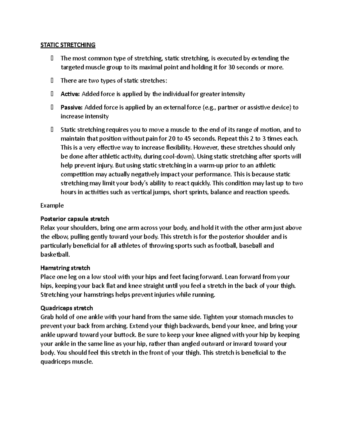 Static Stretching - STATIC STRETCHING The most common type of ...