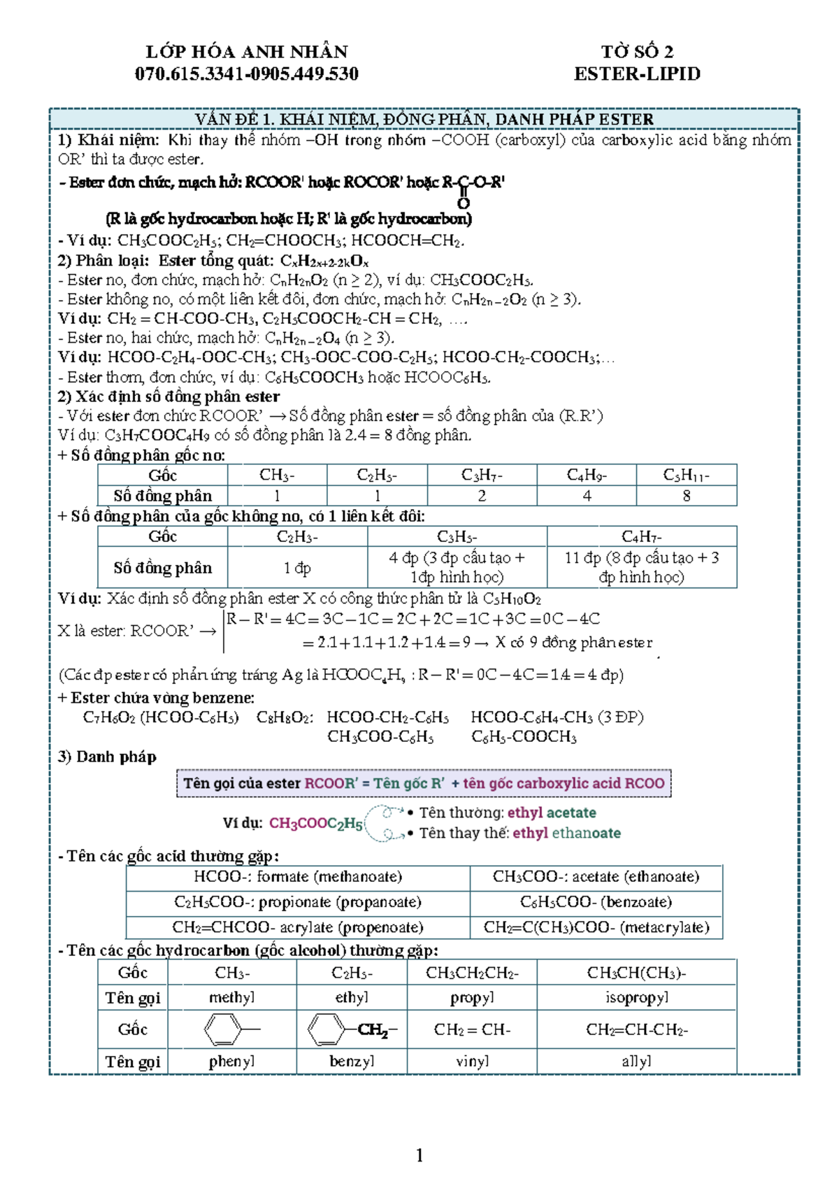 Ester - Tờ 1: Khái Niệm, Đồng Phân và Danh Pháp Ester (Hóa Học 12) - Document Preview