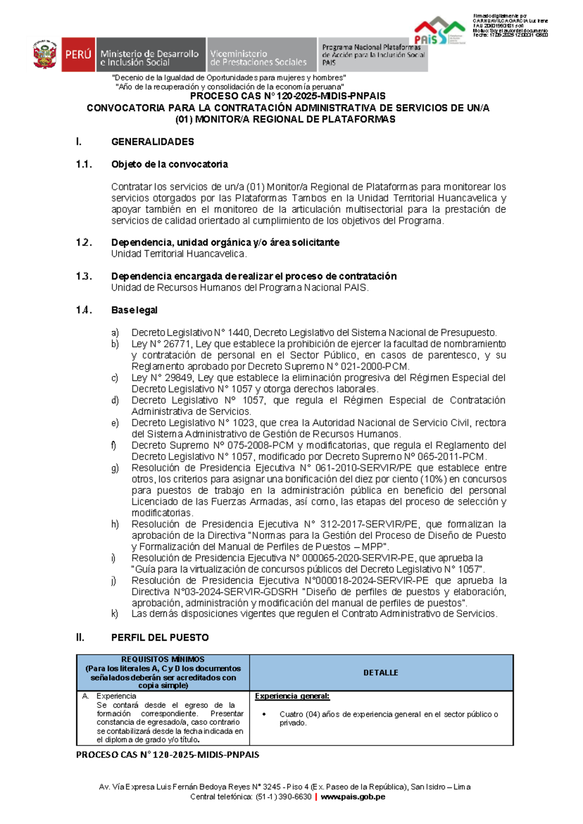 Bases del Proceso de Selección CAS 120-2025 para Contratación de ...