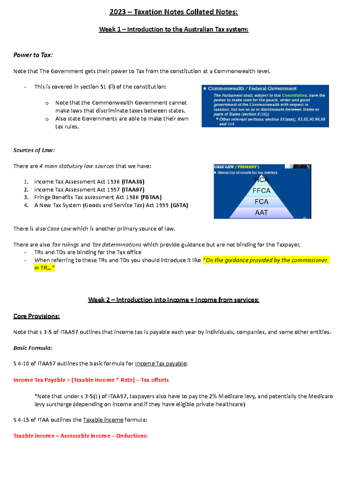 2023 – Taxation Collated Notes: Intro to Tax System & Income Tax - Studocu