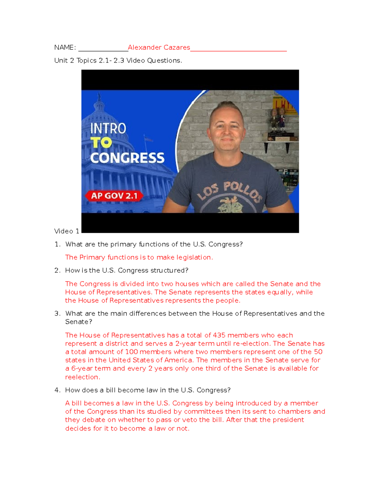 Unit 2 Video Questions on Congress Functions (Topics 2.1-2.3) La Manna ...