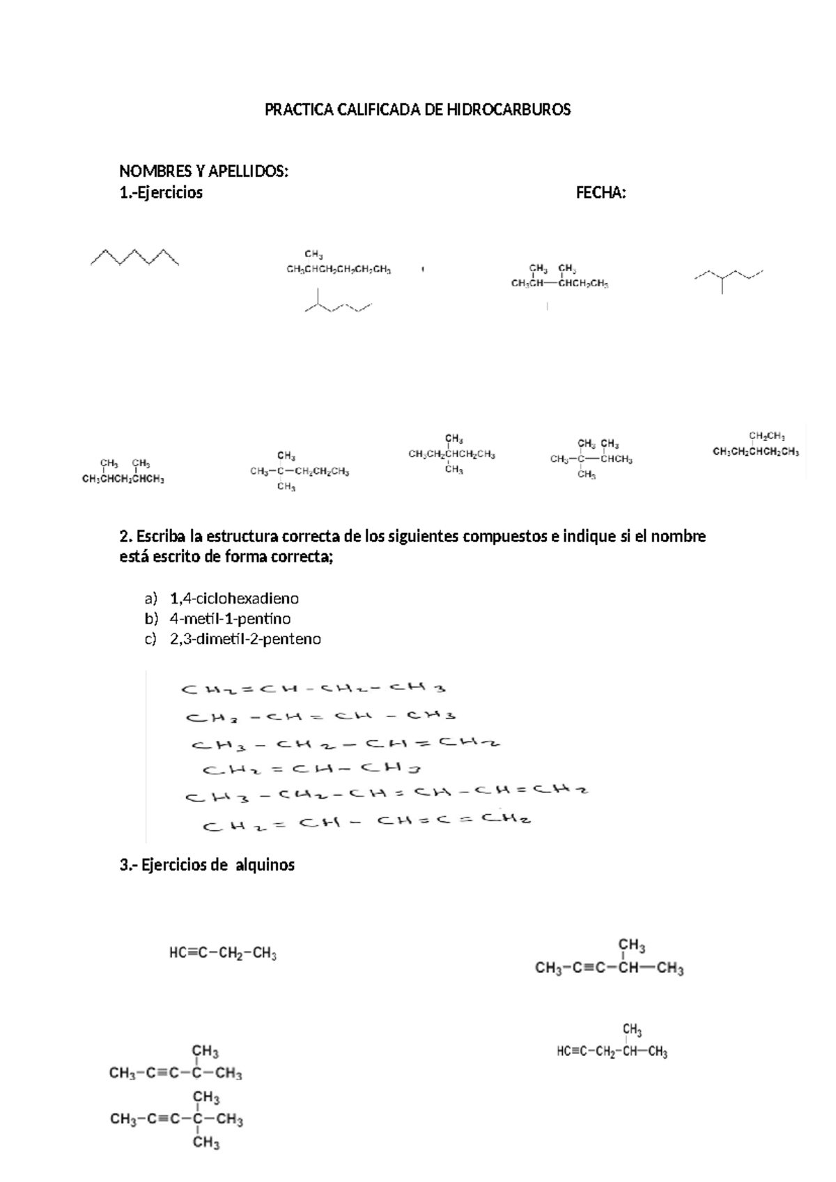 Practica 01 Hidrocarburos - Quimica Organica - PRACTICA CALIFICADA DE ...
