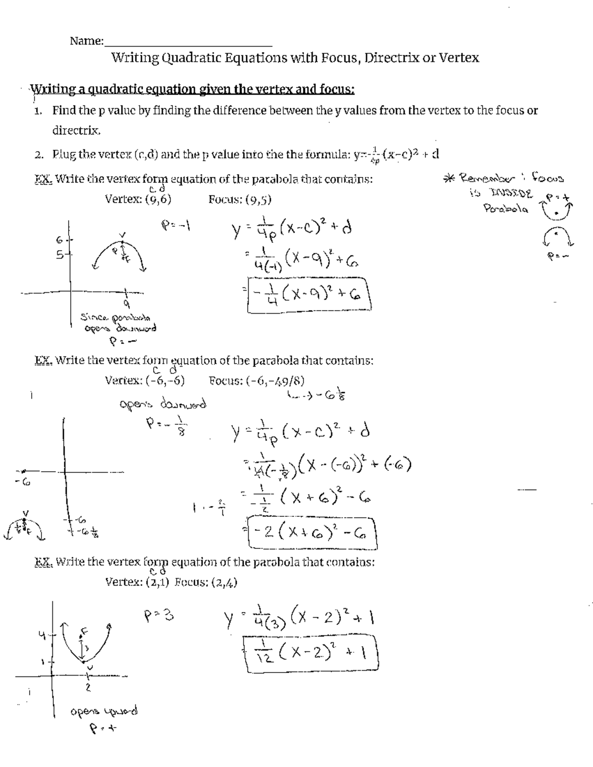 Writing Quadratic Equations: Vertex, Focus & Directrix Guide - Studocu