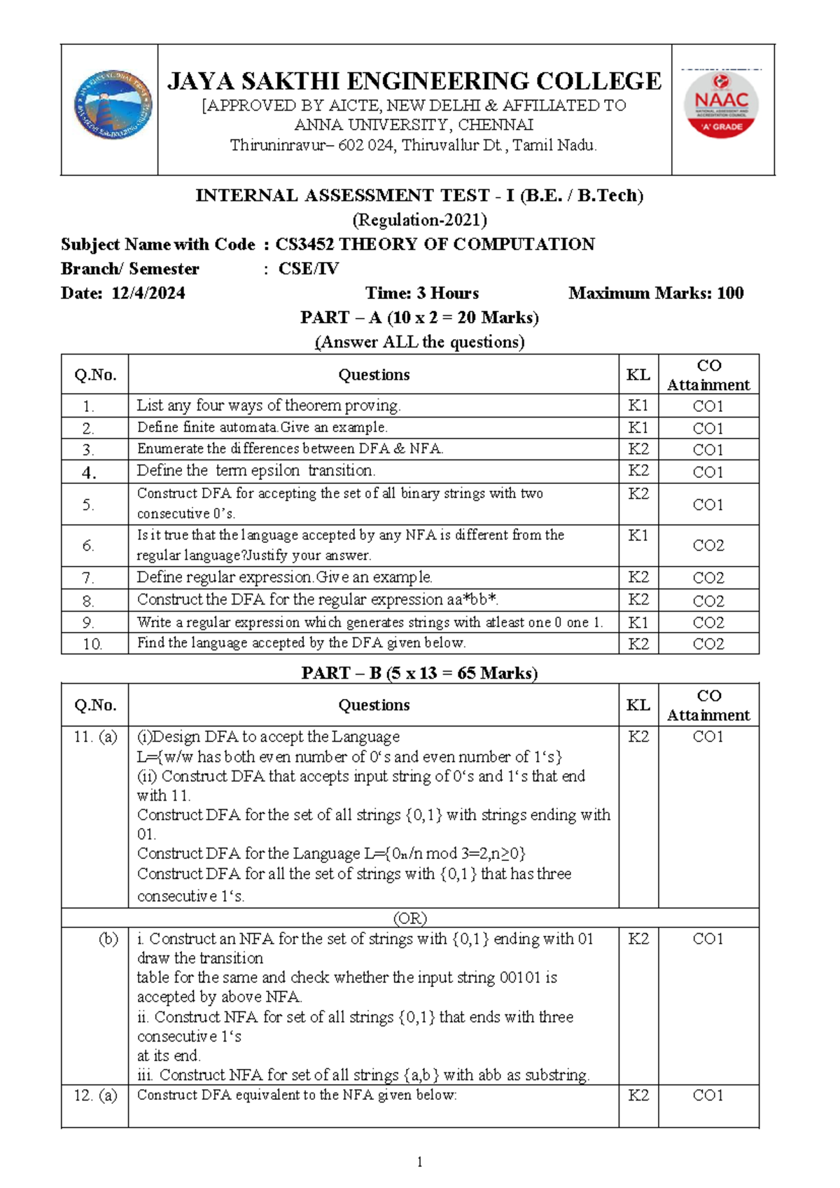 CS3452 Internal Assessment Test I - Theory of Computation QP Set 1 ...