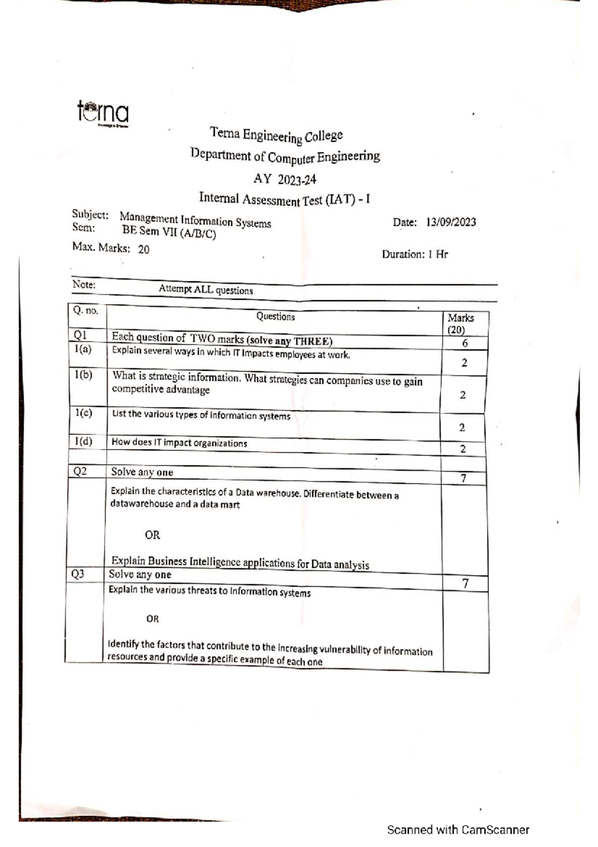 IAT Question Papers 2023 - terna Terna Engineering College Department ...