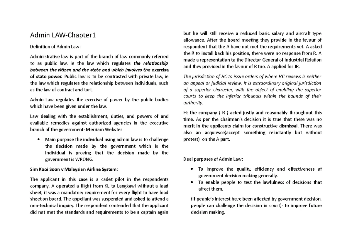 C1&C2 Admin Law Lecture Notes: Understanding Admin Powers & Judicial ...