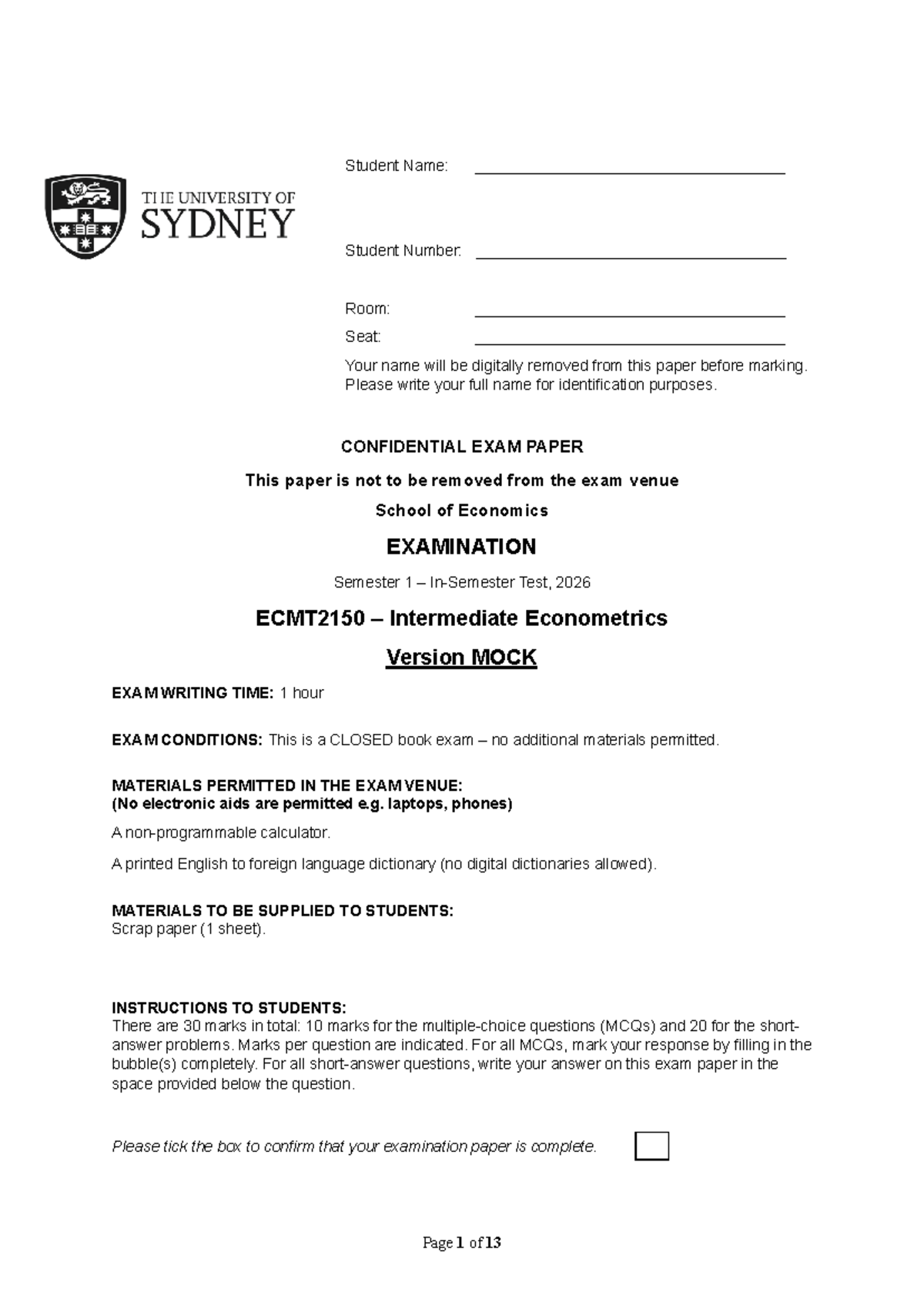 ECMT2150 - Intermediate Econometrics Mock Exam Practice - Studocu