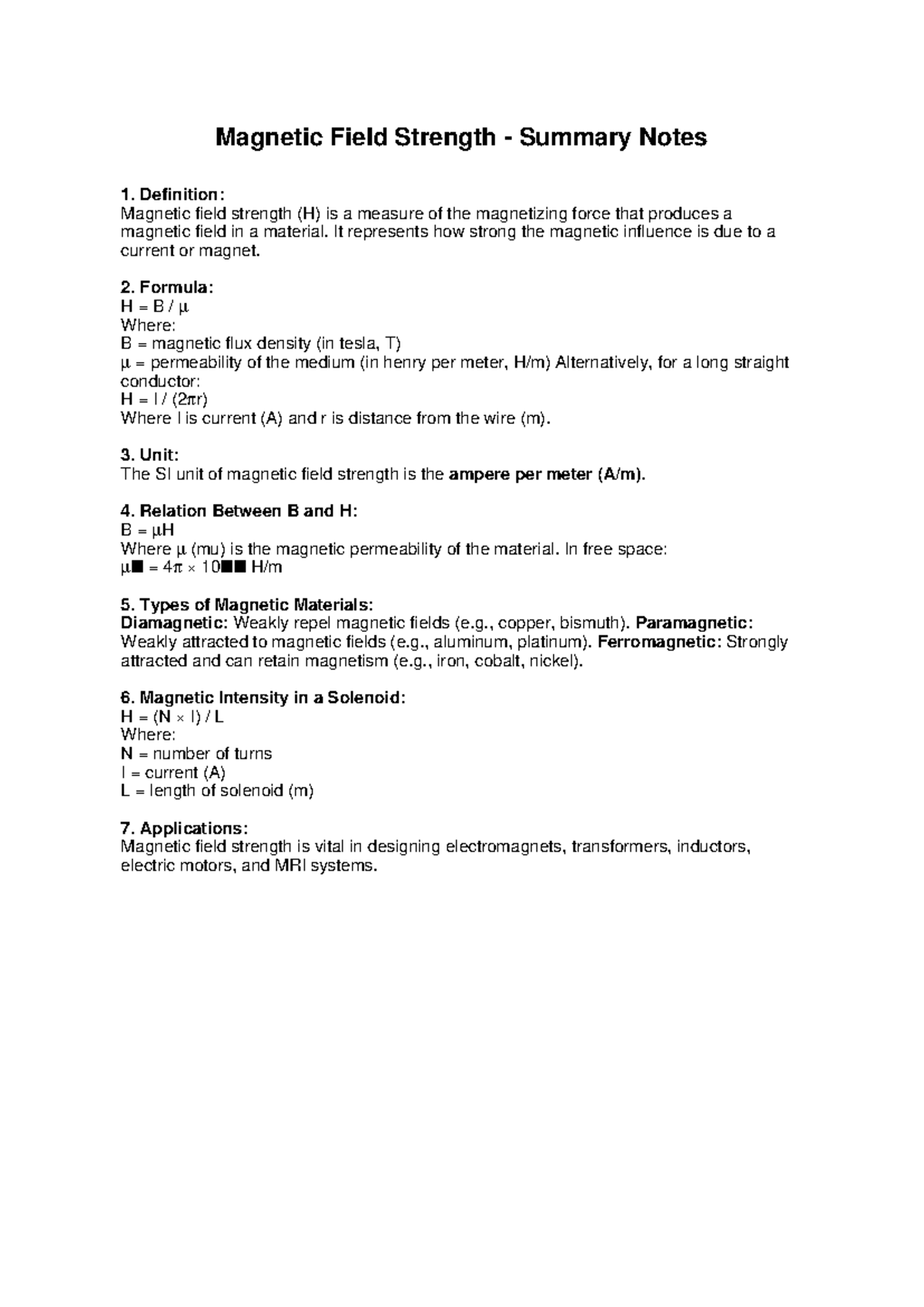 Magnetic Field Strength Summary Notes for Physics 101 - Studocu
