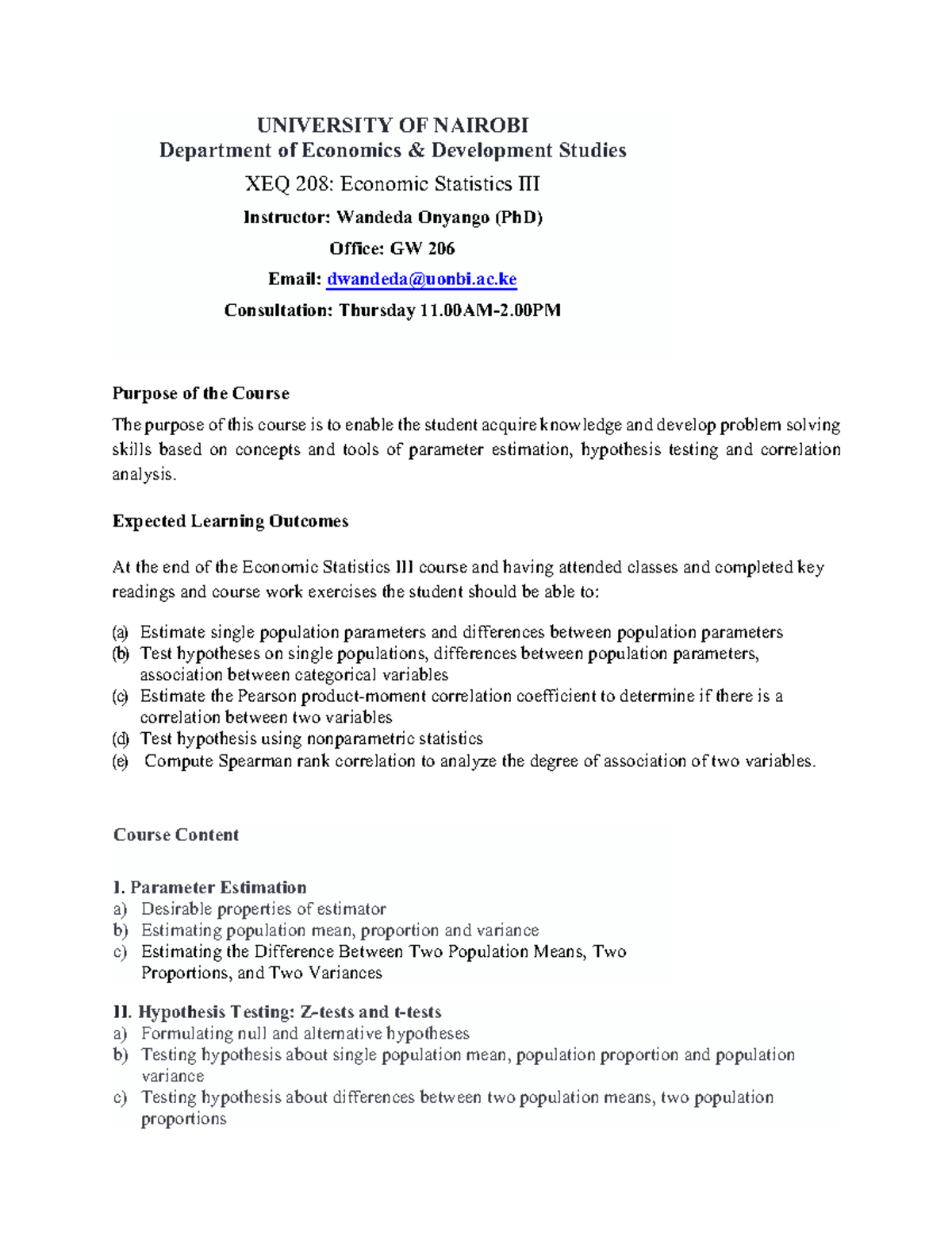 XEQ 208: Economic Statistics Course Outline Summary - Studocu