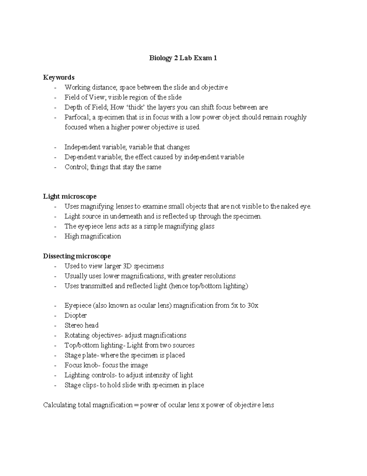 Biology 2 Lab Exam 1: Key Concepts and Microscope Info Overview - Studocu