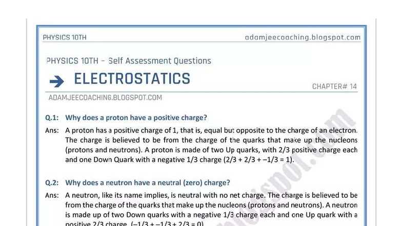 PHYSICS 10TH Self Assessment Questions on Electrostatics - Studocu