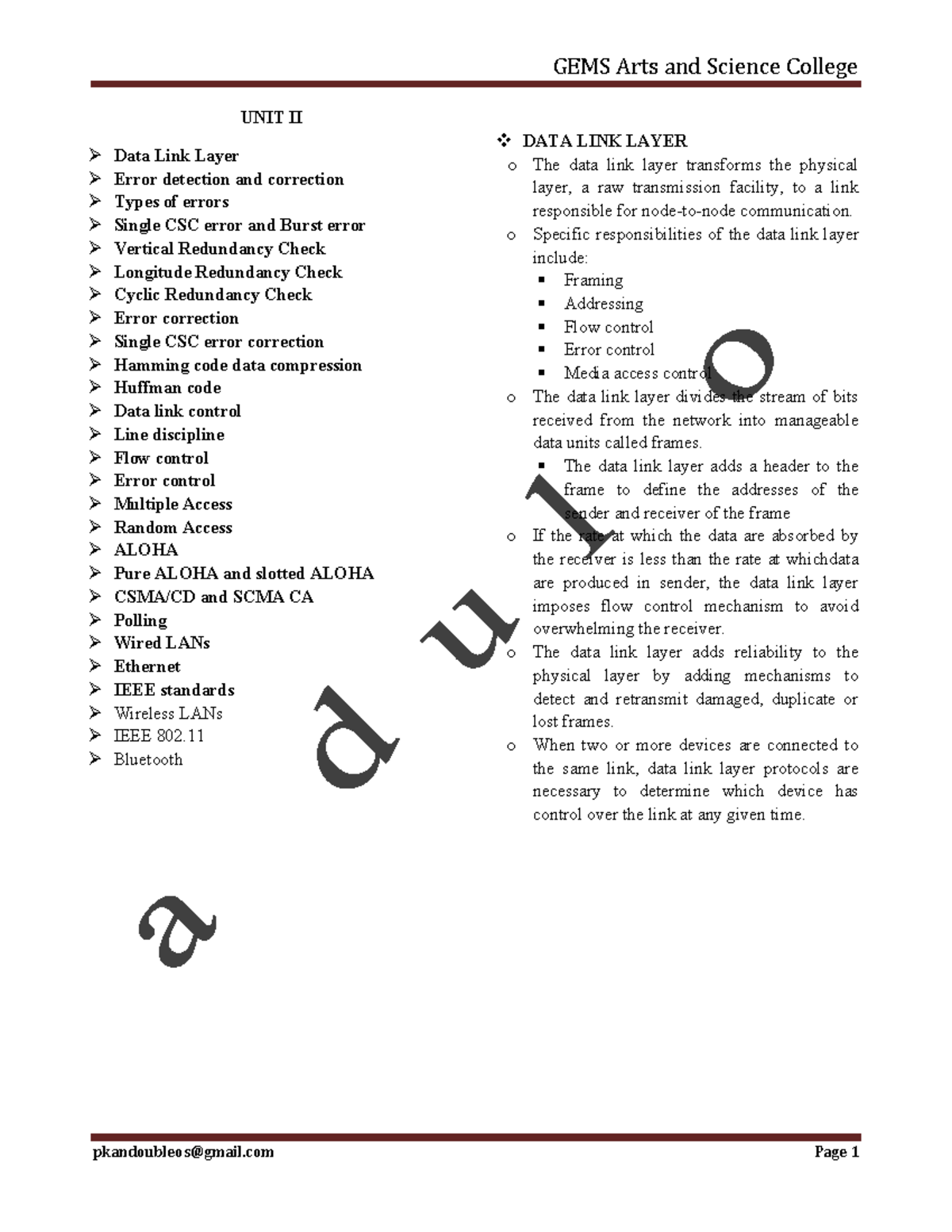 NET UNIT II - Data Link Layer, Error Detection & Correction Concepts ...