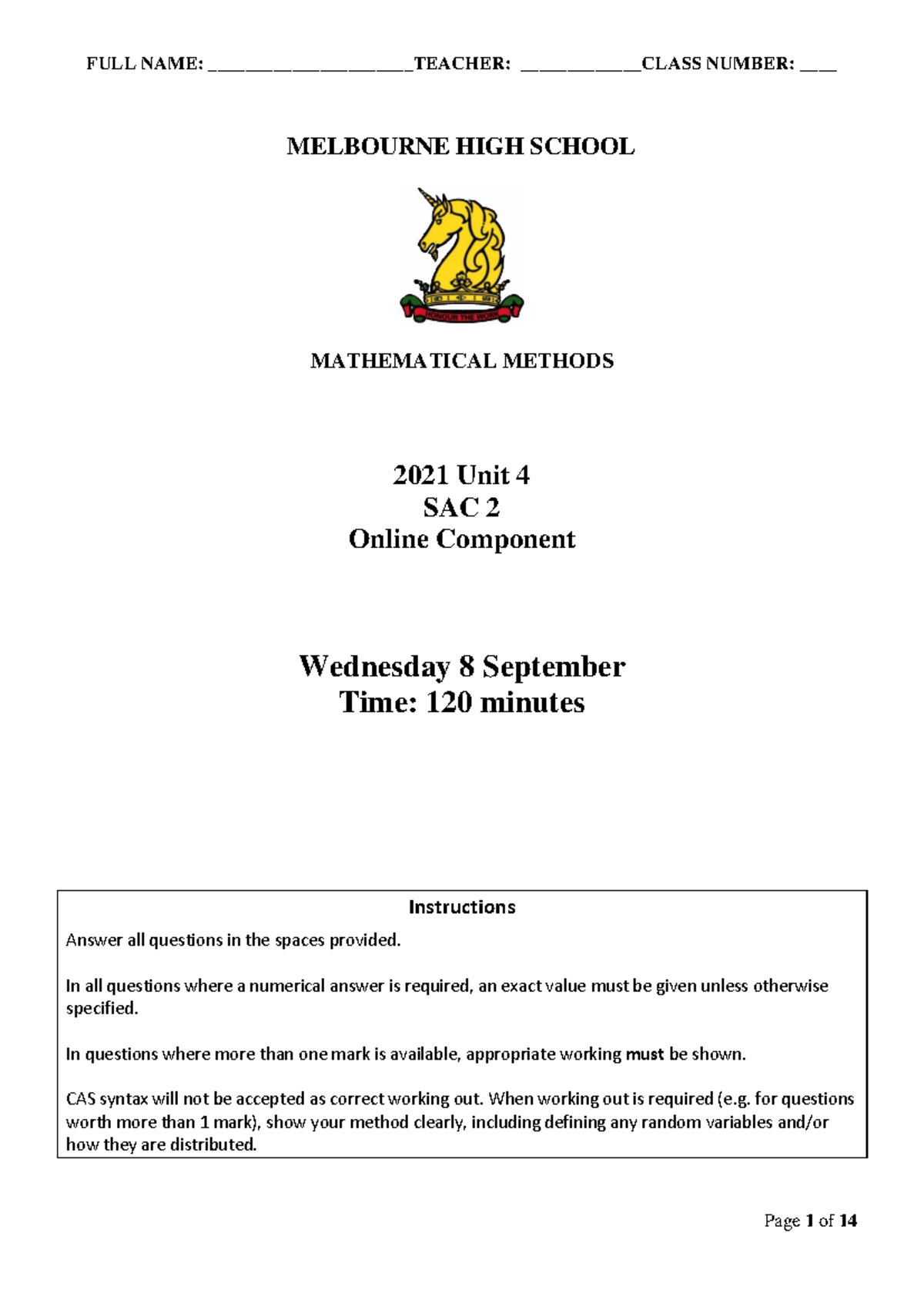 Mathematical Methods 12MM 2021 Unit 4 SAC 2 Exam Questions and ...