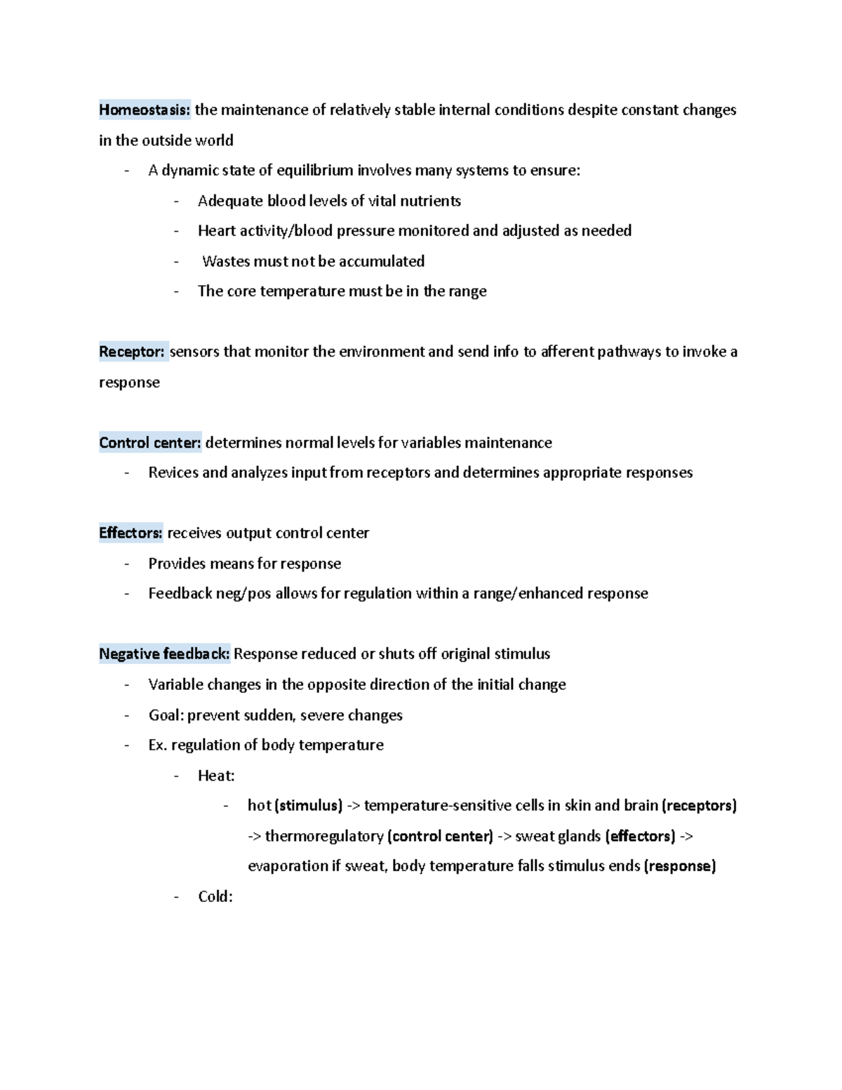 ANP1105 Midterm 2: Homiostasis - Homeostasis: the maintenance of ...