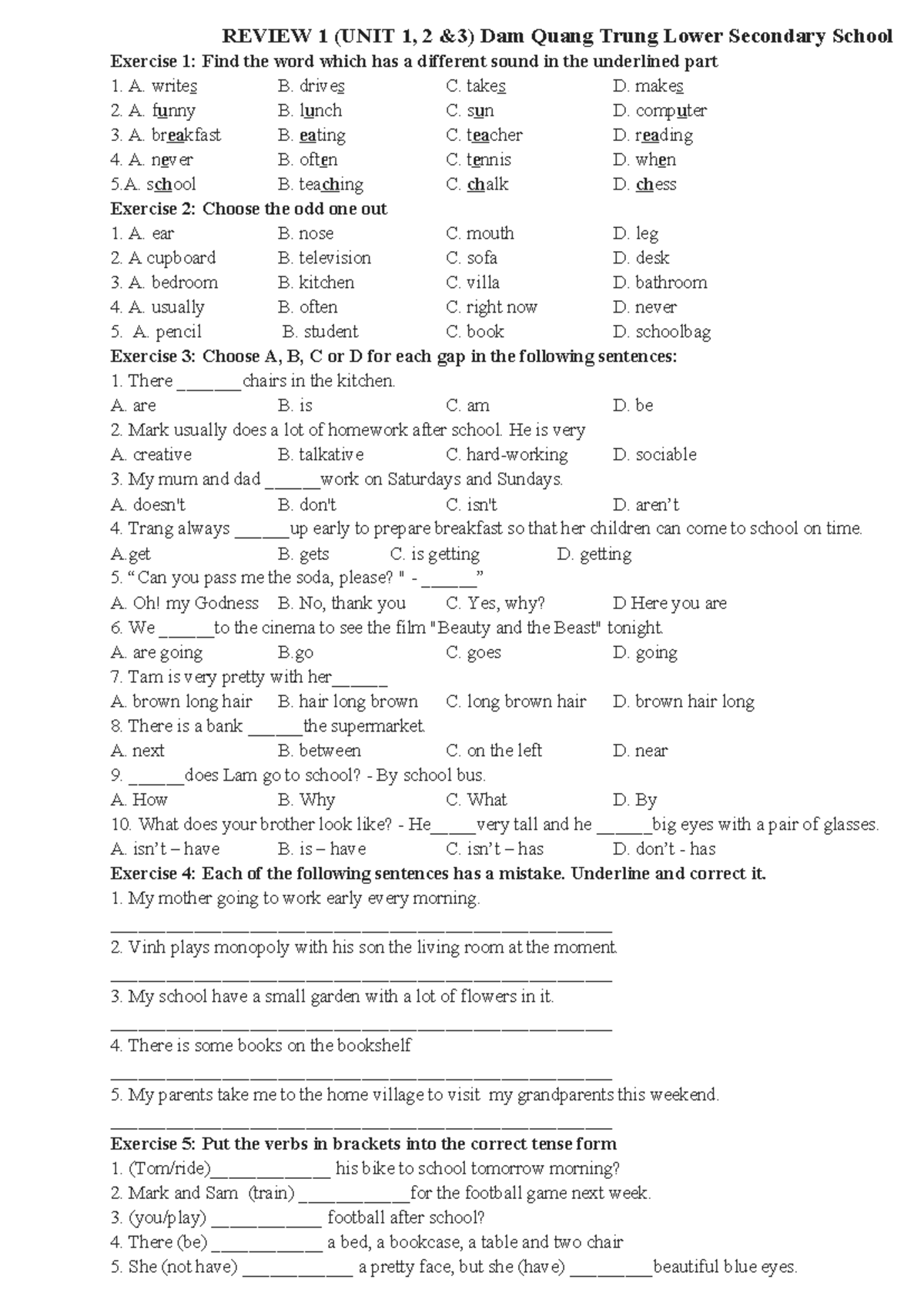 Review 1 (Unit 1, 2) - Exercises for Grade 6 DQT - Studocu