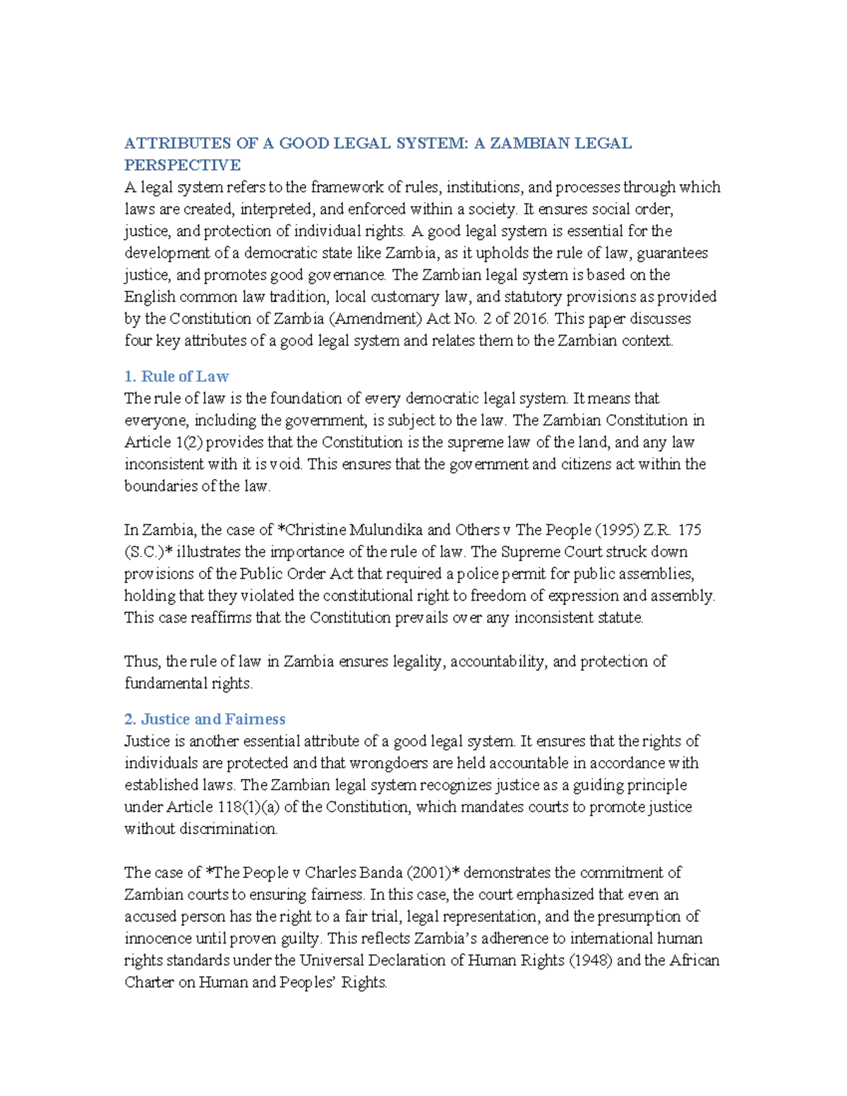 ATTRIBUTES OF A GOOD LEGAL SYSTEM IN ZAMBIA: A DETAILED ANALYSIS - Studocu