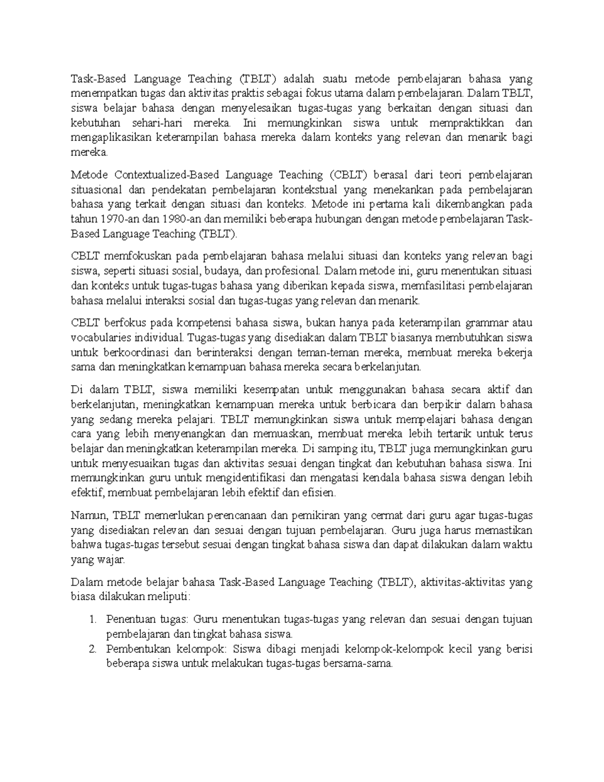 CBLT - Metode dan Pendekatan dalam Task-Based Language Teaching - Studocu