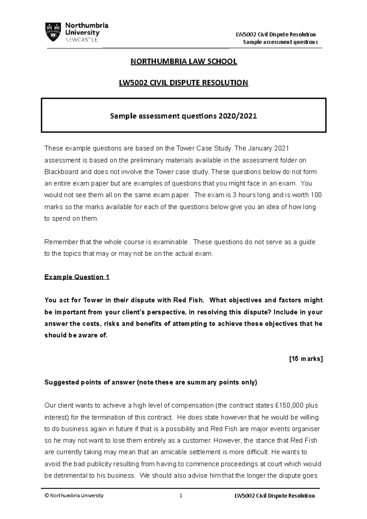 LW5002 Civil Dispute Resolution: Sample Assessment Questions 2020 - Studocu