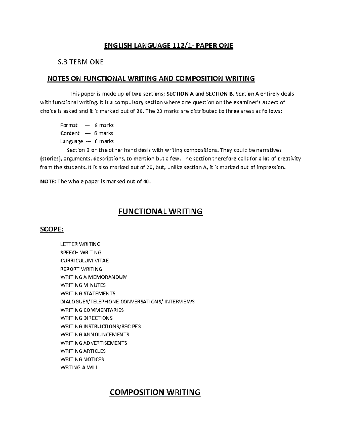 ENGLISH LANGUAGE S.3 TERM ONE NOTES: FUNCTIONAL & COMPOSITION WRITING ...
