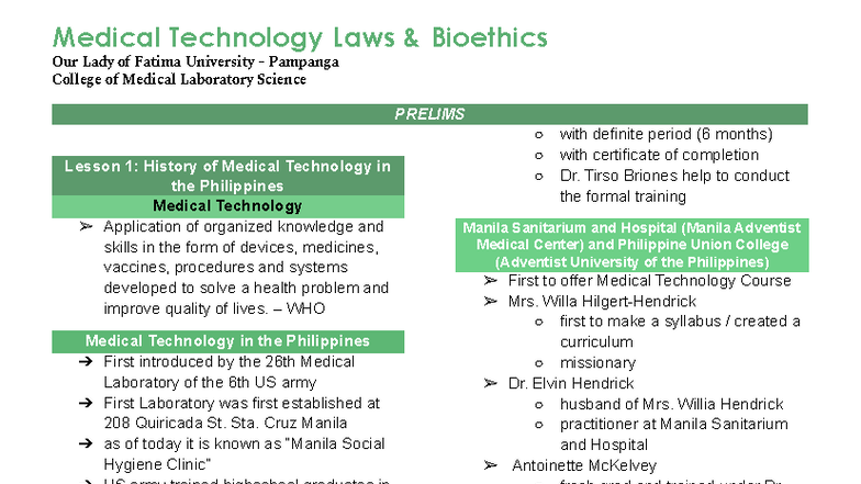 MTLB211 Prelims: History of Medical Technology in the Philippines - Studocu