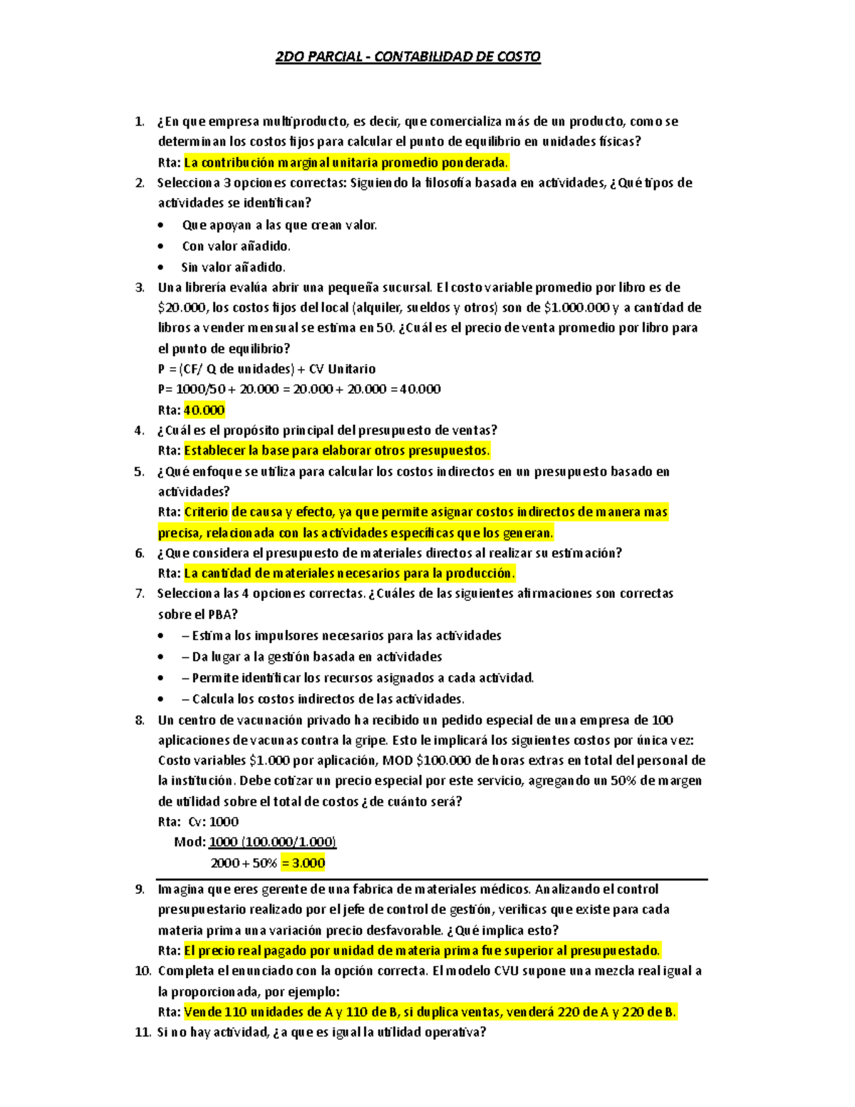 2DO PARCIAL DE CONTABILIDAD DE COSTOS: Preguntas y Respuestas - Studocu