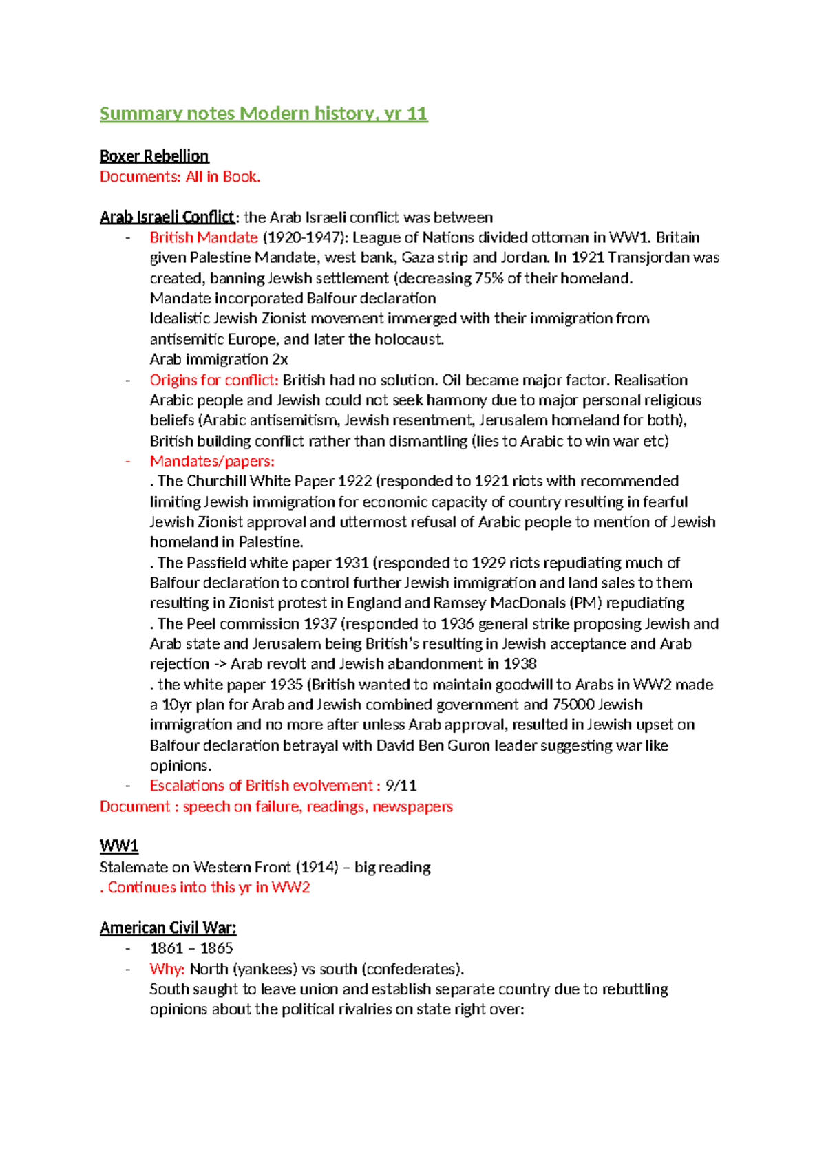 Summary Notes on Modern History - Year 11 (Final Exam Study Guide ...